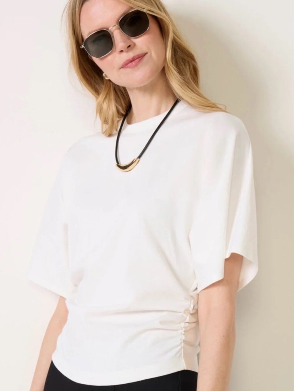 Pistola White T Shirt with Ruching and Wide Sleeves Small
